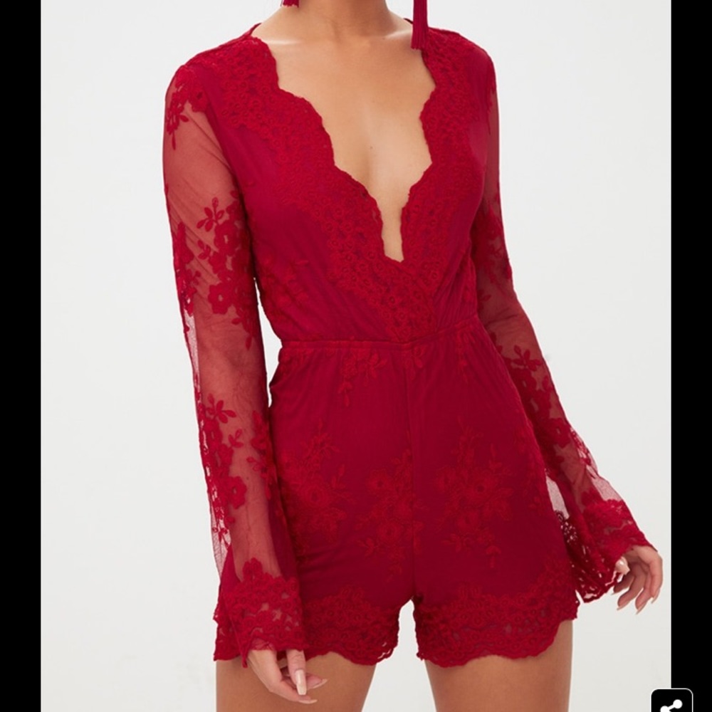 Red Lace Bell Sleeve Romper